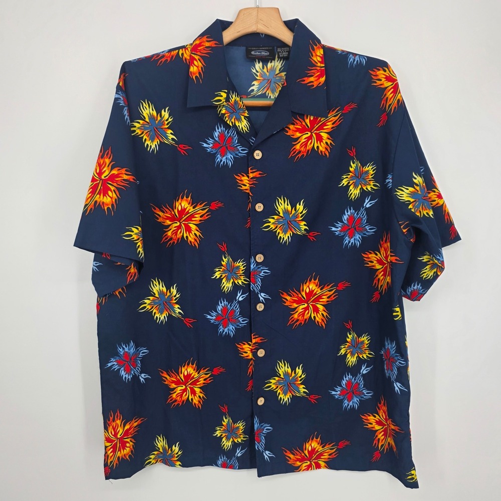 Anchor Blue Mens XL Flaming Hibiscus Floral Shirt Navy Short Sleeve Button Up